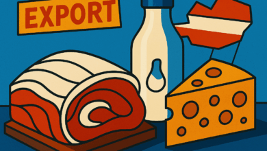 Vor allem Schweinefleisch und Milchprodukte „Made in Austria“ finden international guten Absatz. © Illustration KI generiert