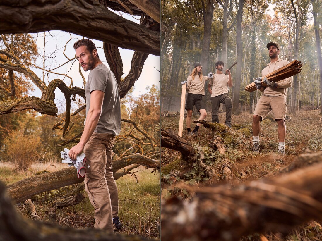 Erste vollständig biologisch abbaubare Arbeitshose aus Bananenfasern, Bio-Baumwolle und Bambus. Gefärbt werden die nachhaltigen Stoffe mit Rüben, Nussschalen und Blättern.