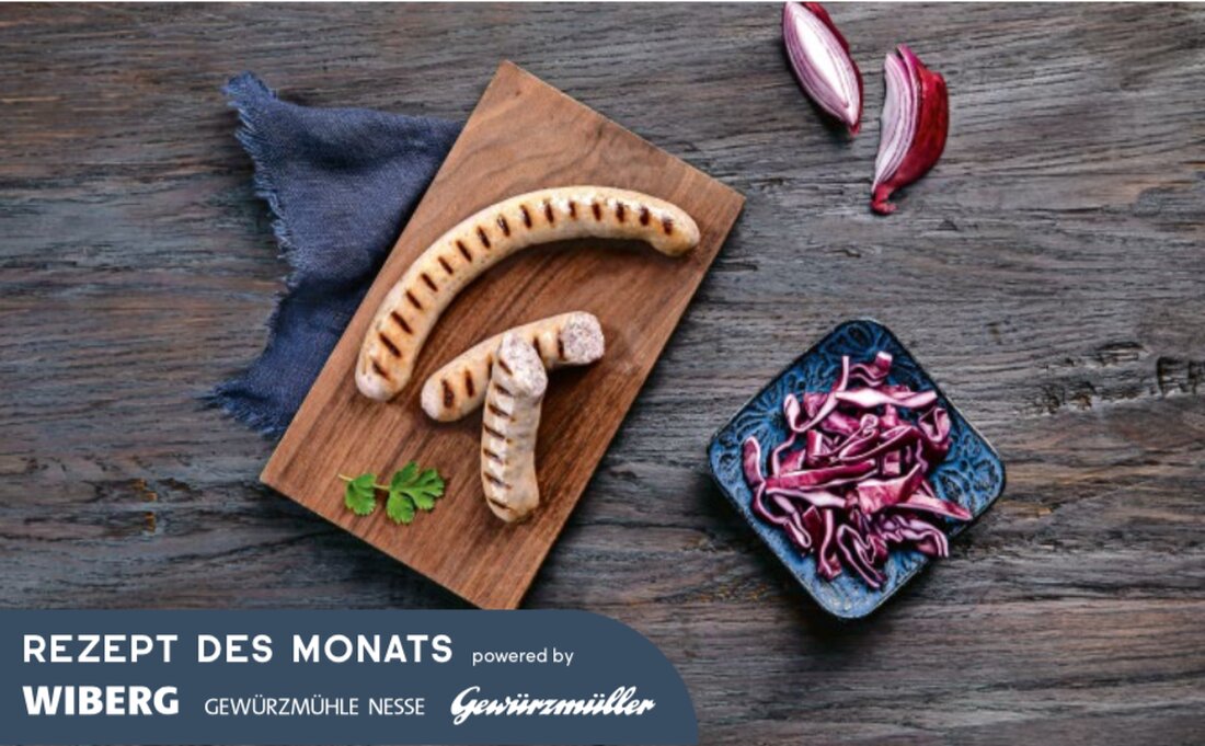 Rezept des Monats: Grobe Bratwurst mit Rotkohl.Bewusste Konsumenten wählen gern die goldene Mitte beim Fleischkonsum: Hybride Produkte kombinieren Fleisch und pflanzliche Zutaten. Die Zutatenmischung Optimizer BW sorgt dabei für eine angenehme Textur und ideale Bindung. Die Zutatenmischung kommt ohne deklarationspflichtige Zusatzstoffe aus. Sie schmeckt neutral und sorgt für idealen Biss und eine feste Konsistenz von Hybridprodukten.
