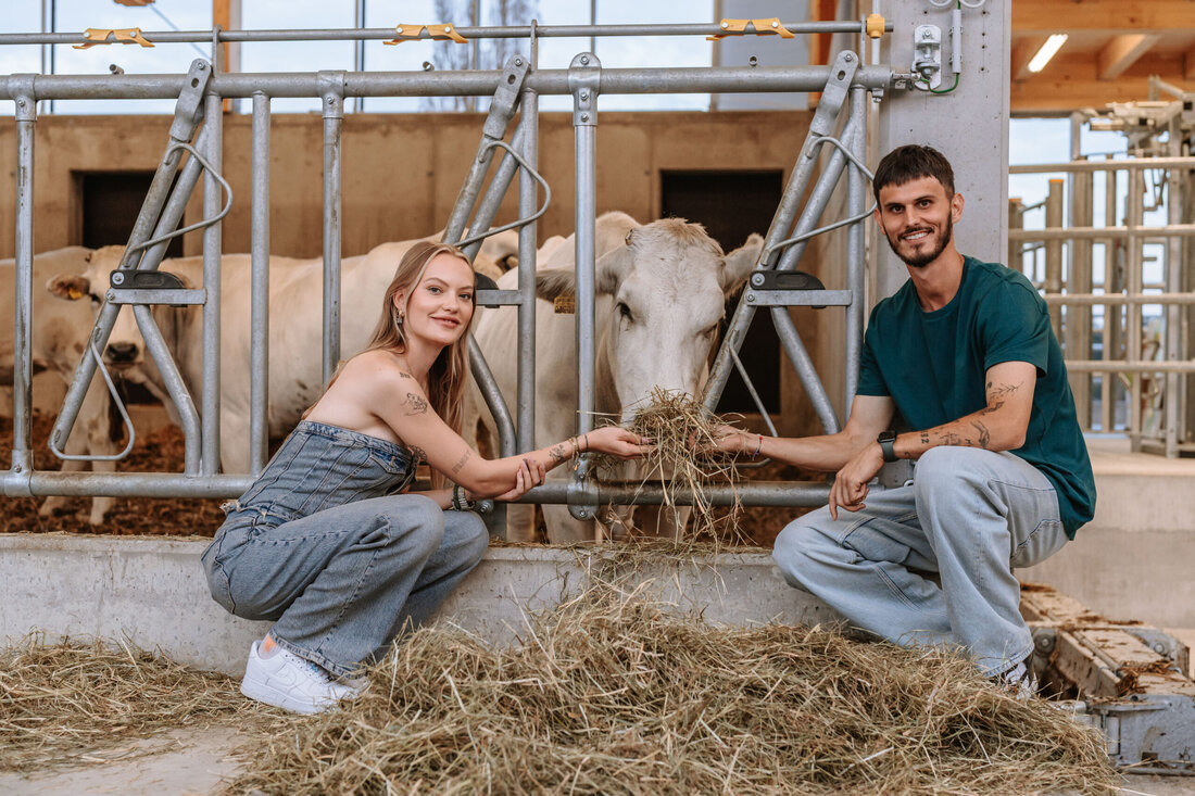 Nino Sifkovits und Cheyenne Ochsenknecht : Neuer Tierwohlstall für weiße Riesenrinder. Im Oktober 2023 wurde am Chianinahof ein wahres „Luxusresort” für ihre seltenen Chianina-Rinder eröffnet.