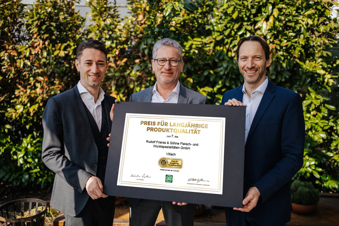 Frierss erhält „DLG-Preis für langjährige Produktqualität“. Zum siebenten Mal in der 125-jährigen Familiengeschichte wurde der Villacher Fleisch- und Wurst-Spezialist Frierss vom Testzentrum der Deutschen Landwirtschafts-Gesellschaft DLG mit dem „Preis für langjährige Produktqualität“ ausgezeichnet.