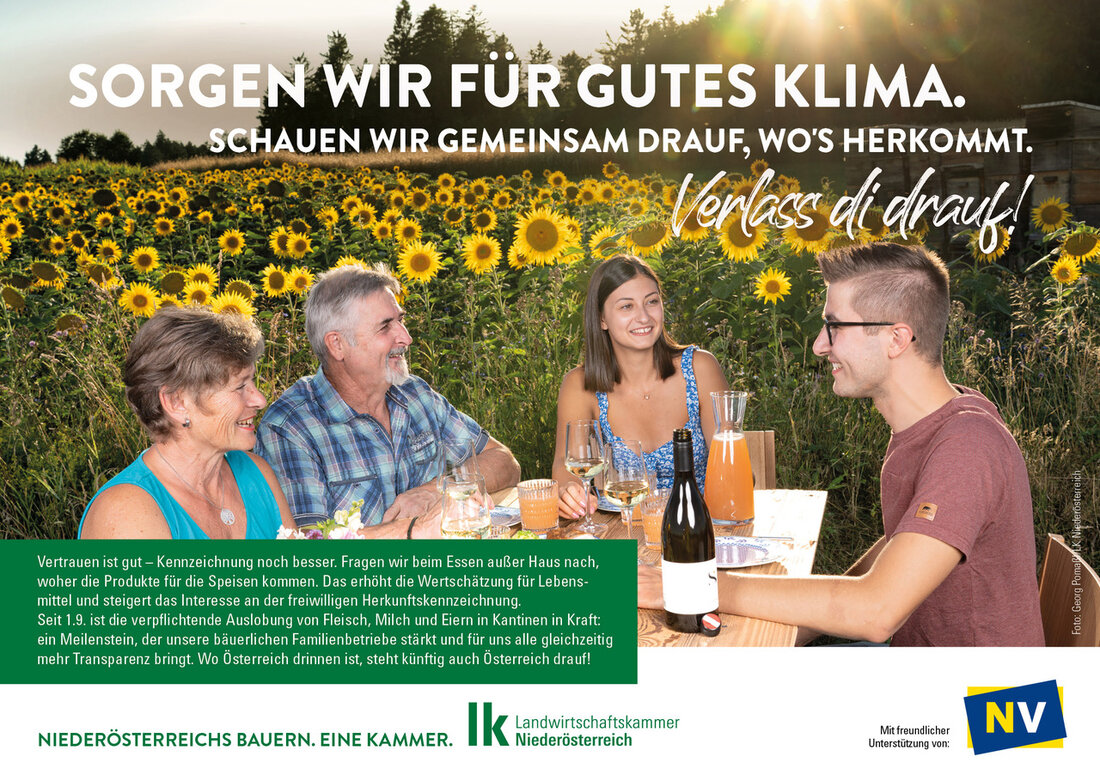 Die Landwirtschaftskammer Niederösterreich startet ihre Herbstkampagne "Verlass di drauf!" 2023, um auf die Herkunft von Lebensmitteln hinzuweisen. Sie betont den Wert der bäuerlichen Arbeit, die Versorgungssicherheit und den Beitrag zur Reduzierung des CO2-Fußabdrucks durch regionale Produkte. Die Kampagne zielt darauf ab, Transparenz und regionale Qualität in der Lebensmittelproduktion und Gastronomie zu fördern.