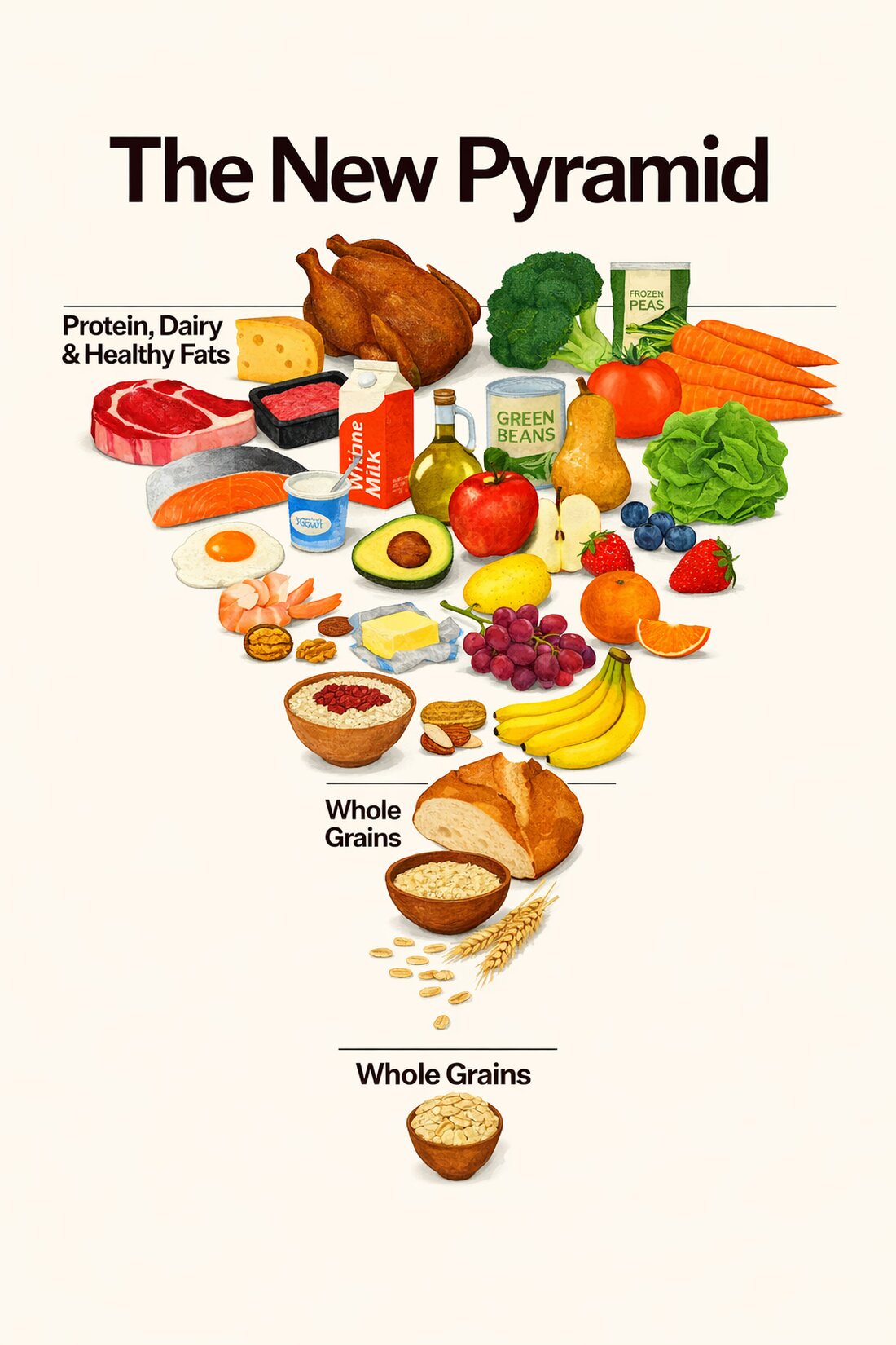 Die neue US-Ernährungspyramide stellt hochwertiges Protein, Milchprodukte und gesunde Fette wieder an die Spitze. Ultra-verarbeitete Lebensmittel rücken in den Hintergrund – „echtes Essen“ steht im Fokus der neuen Ernährungsrichtlinien 2025–2030.
