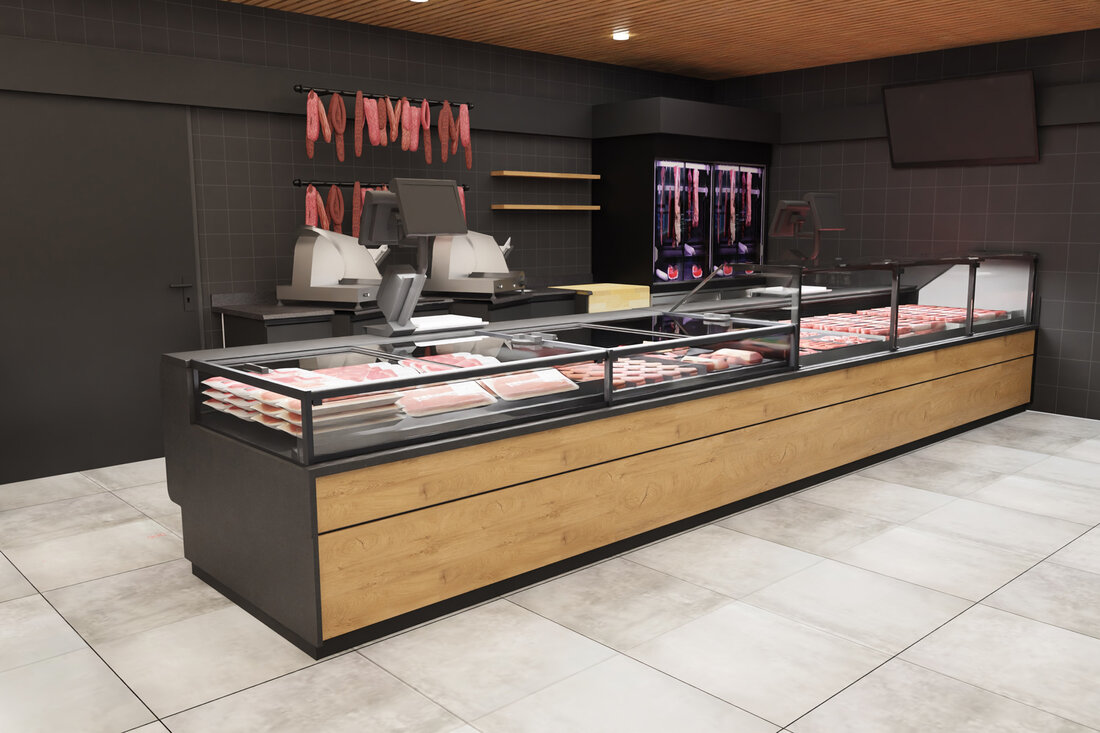 Prämiumpräsentation - Benötigt bis zu 70% weniger Energie. Aichinger präsentiert mit TopSpot ECOplus eine innovative Lösung für Metzgereien: SB-Kühlmöbel mit Glas-Schiebetüren. Diese Variante senkt den Kälteleistungsbedarf um bis zu 70 % und hält den Umsatz stabil. Ideal für energieeffiziente und aufmerksamkeitsstarke Produktpräsentation.