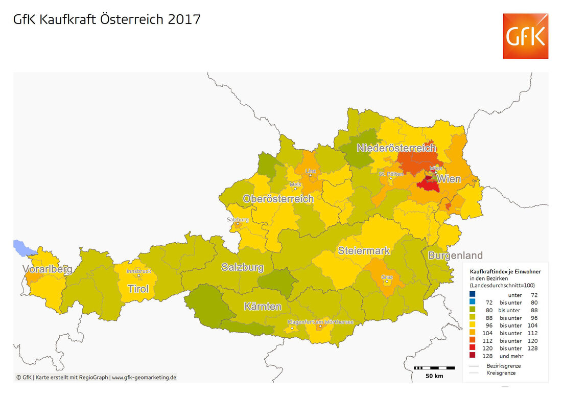 Die neue GfK Kaufkraftstudie untersucht die Kaufkraft in Österreich im Jahr 2017. Innerhalb des Landes gibt es dabei starke räumliche Kontraste.