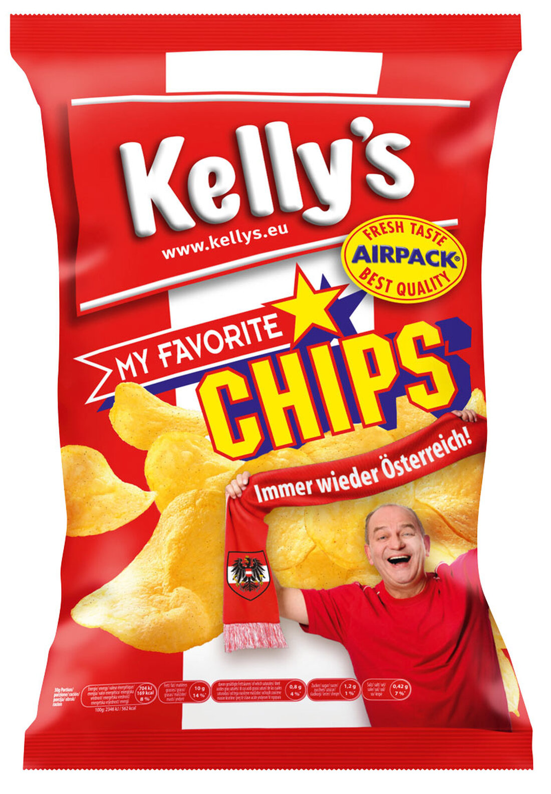 Kelly – der heimische Knabbergebäck-Experte – erweitert rechtzeitig vor dem Beginn der EURO 2016 die beliebteste Chips-Range Österreichs um die Sorte „My Favorite“ – Chips mit Schweinsbraten-Geschmack.