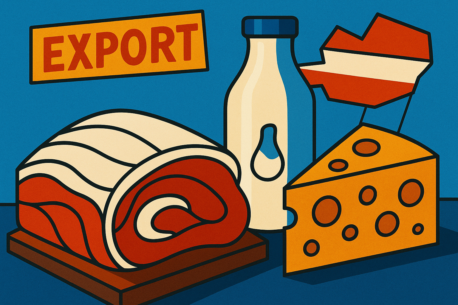 Vor allem Schweinefleisch und Milchprodukte „Made in Austria“ finden international guten Absatz. © Illustration KI generiert