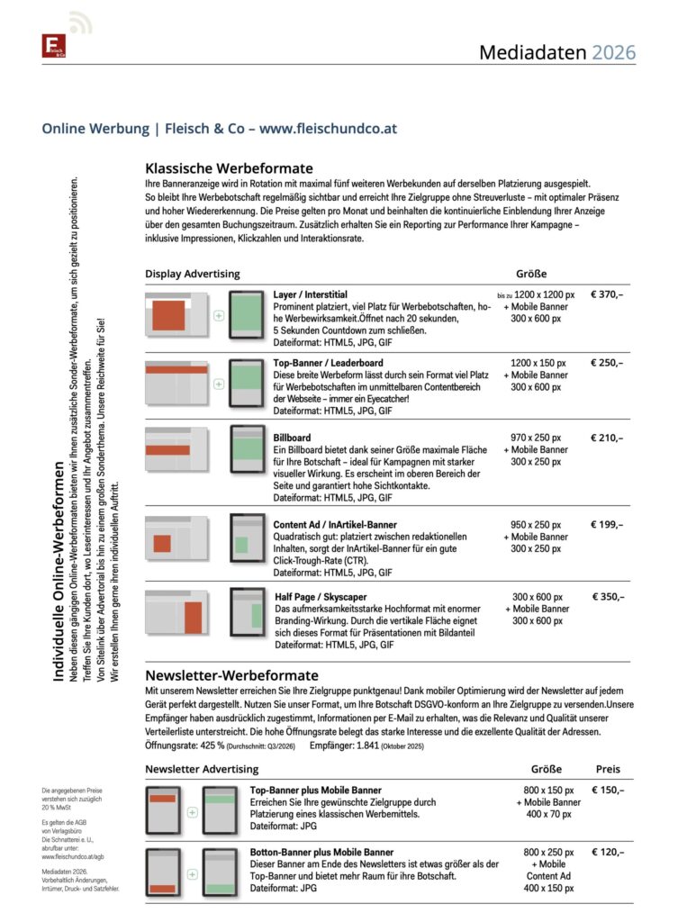 Fleisch & Co Online Werbung – Übersicht aller digitalen Werbeformate 2026 mit Bannergrößen, Preisen und Newsletter-Optionen für die Fleischbranche Österreich