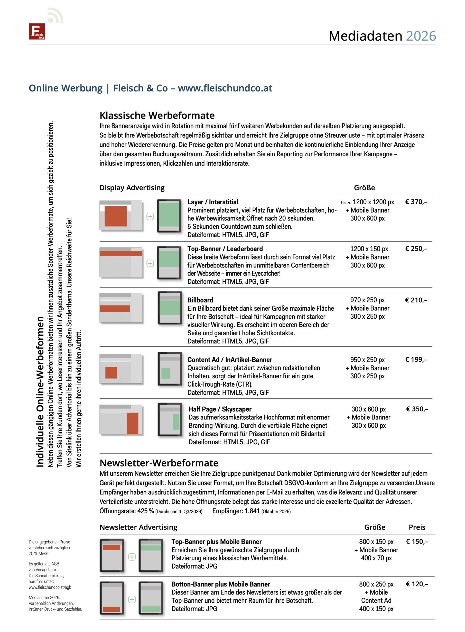 Fleisch & Co Online Werbung – Übersicht aller digitalen Werbeformate 2026 mit Bannergrößen, Preisen und Newsletter-Optionen für die Fleischbranche Österreich
