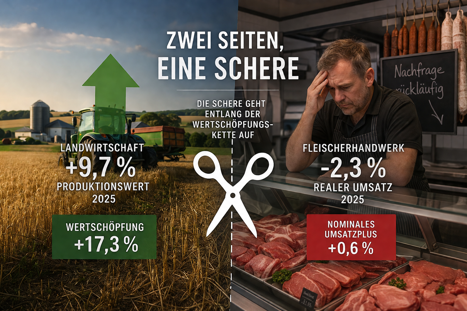 9,7 % Plus in der Landwirtschaft, Fleischer verlieren real 2,3 % Umsatz