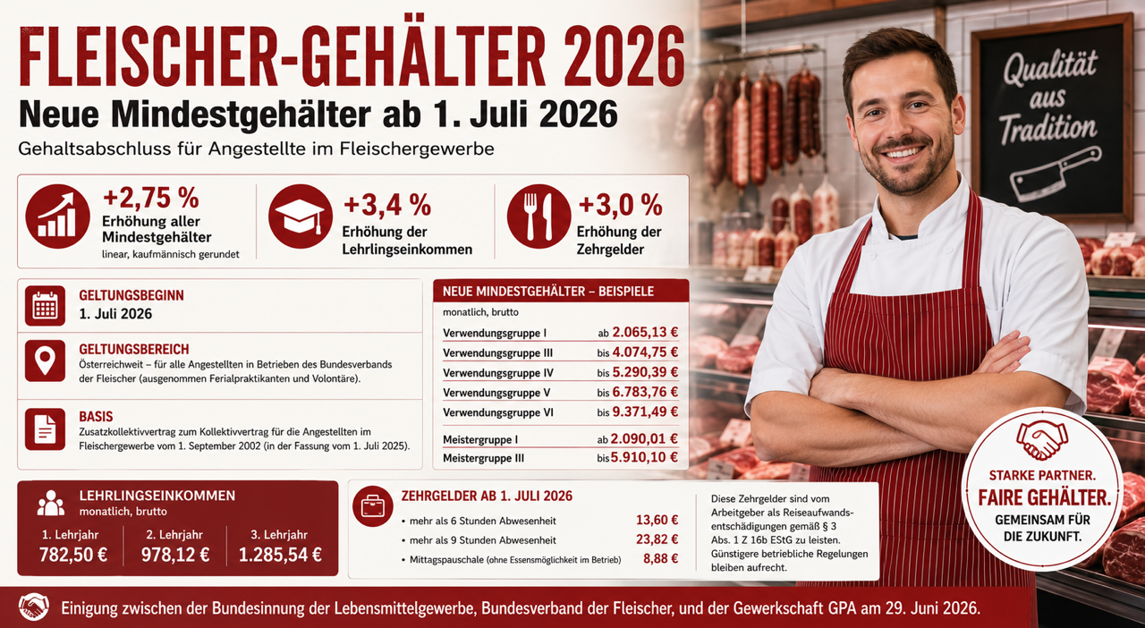 Neue Fleischer-Gehälter ab 1. Juli 2026: Kollektivvertrag bringt 2,75 Prozent Plus